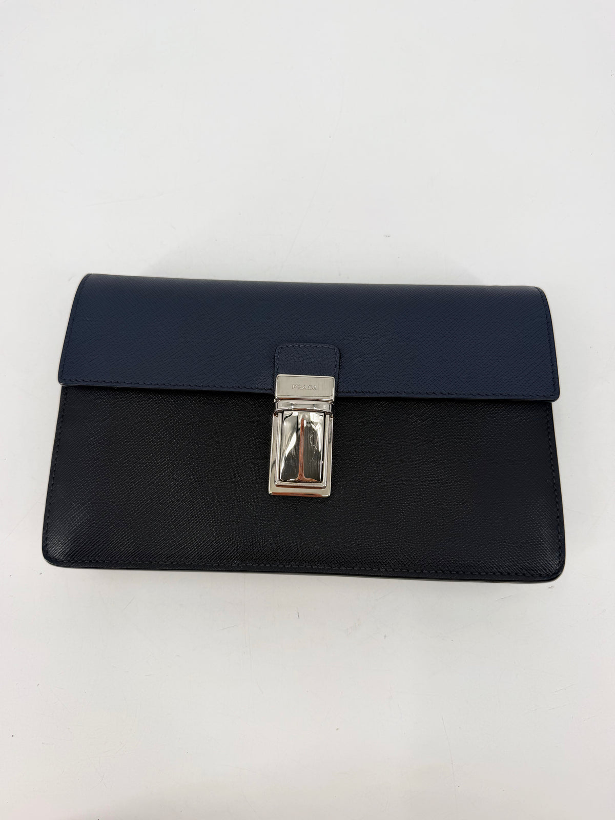 Prada Saffiano Bicolor Navy and Black Flap Clutch Silver Push Lock