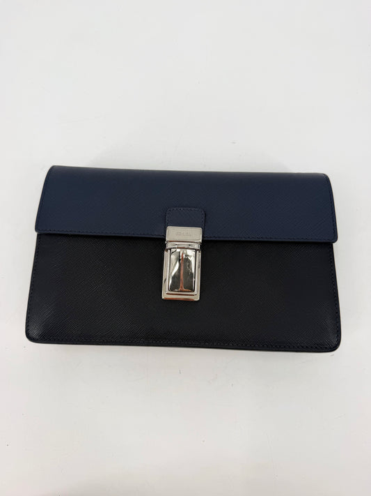 Prada Saffiano Bicolor Navy and Black Flap Clutch Silver Push Lock