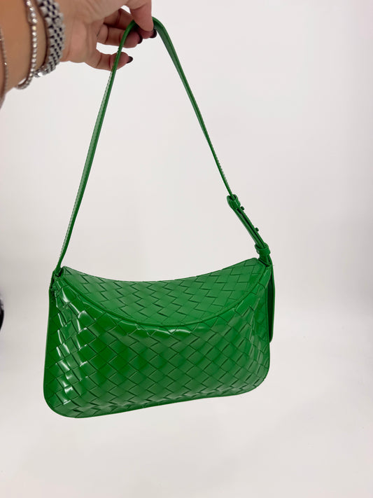 Bottega Veneta Intrecciato Green Patent Woven Shoulder Bag