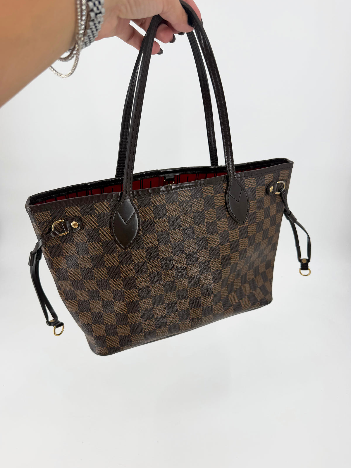 Louis Vuitton Damier Ebene Neverfull PM Tote Red Interior