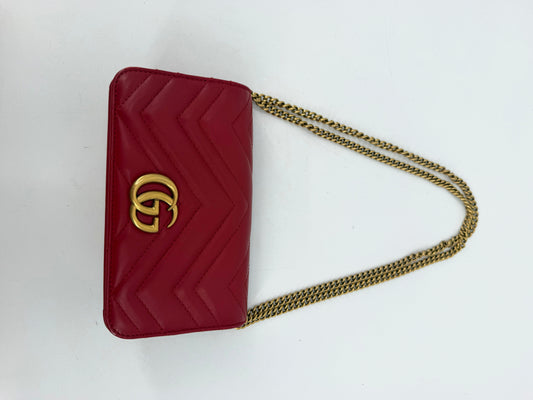 Gucci GG Marmont Matelasse Red Leather Chain Wallet Gold GG