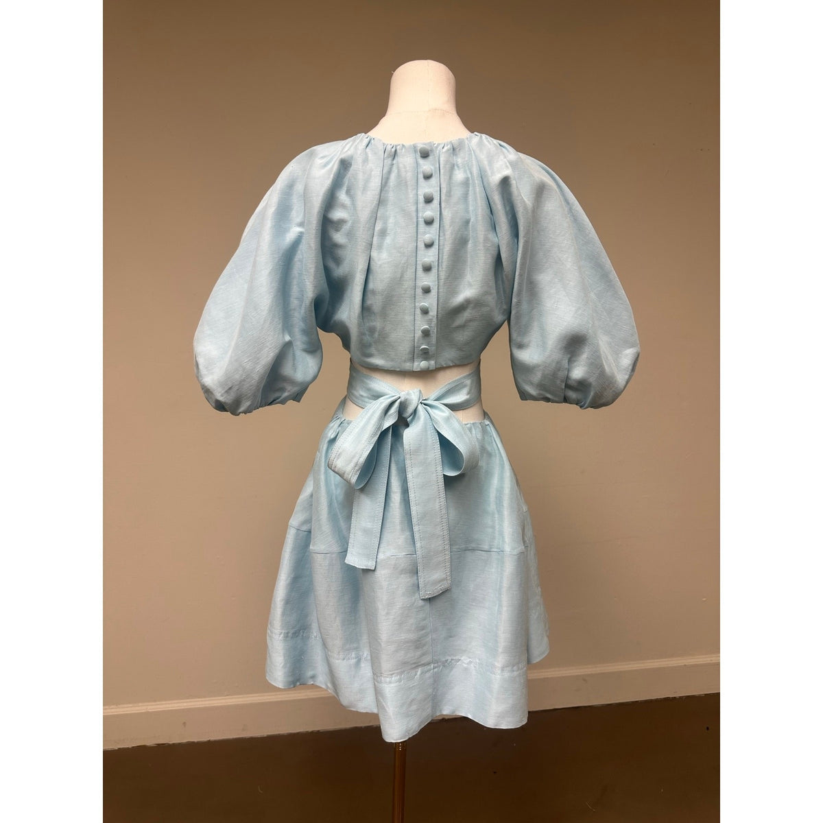 AJE Psychedelia Light Blue Puff Sleeve Cut-Out Pleated A-Line Mini Dress Size 8