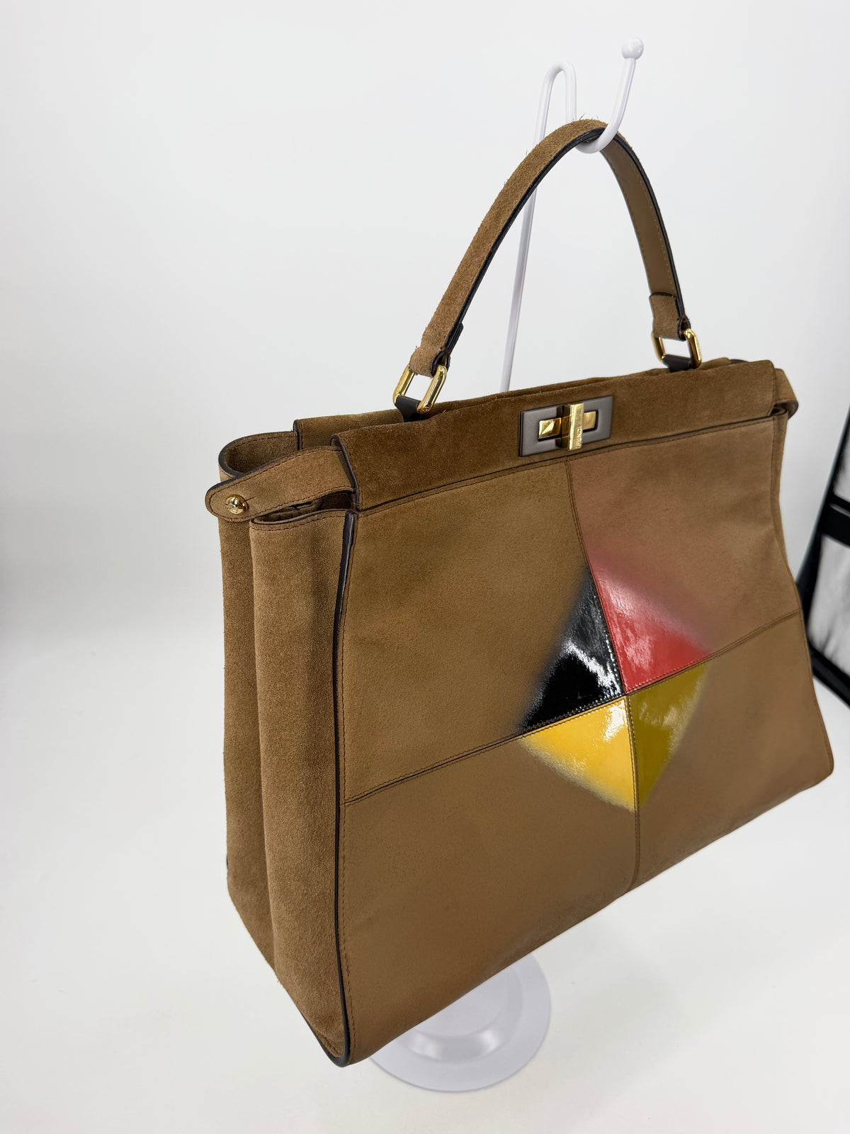 Fendi Peekaboo Large Suede Tan Geometric Color Block Silk Twill