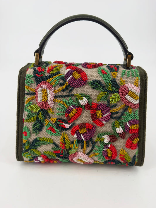 Valentino Garavani Mini VSling Floral Beaded Top Handle Bag Olive VLogo Jewel NEW