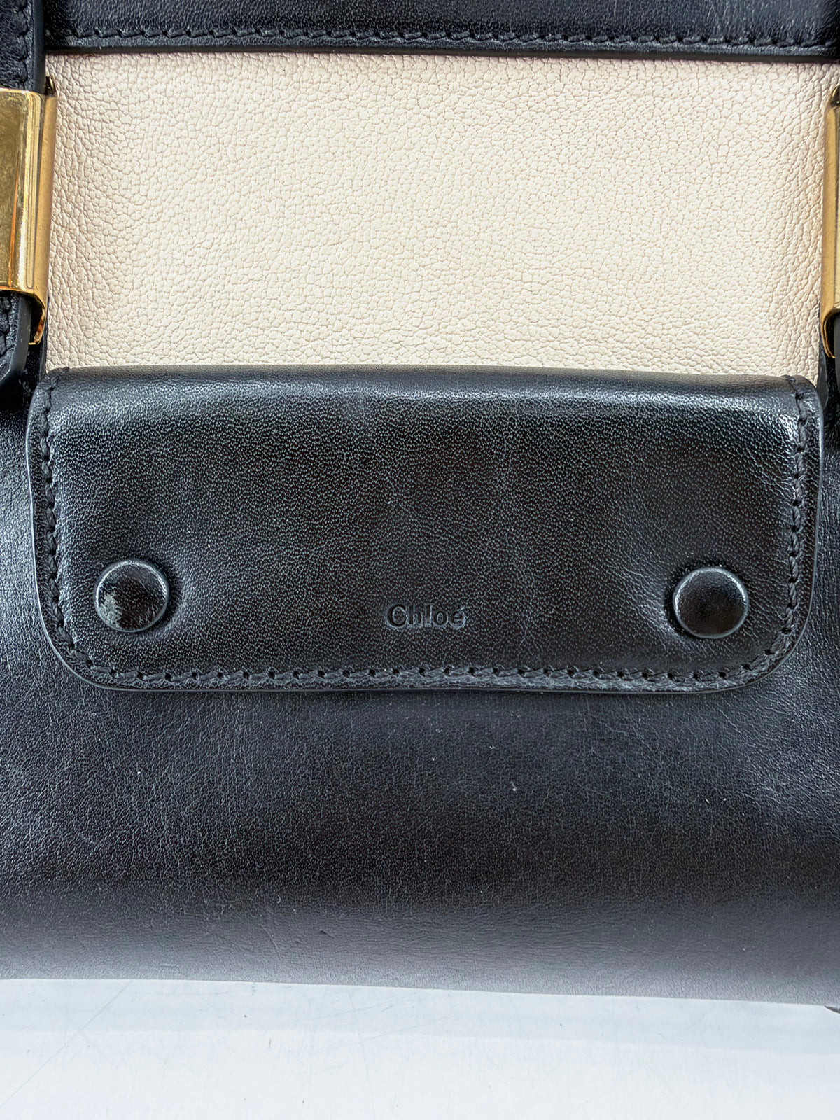 Chloe Alice Satchel Black Off-White Pebbled Leather Gold