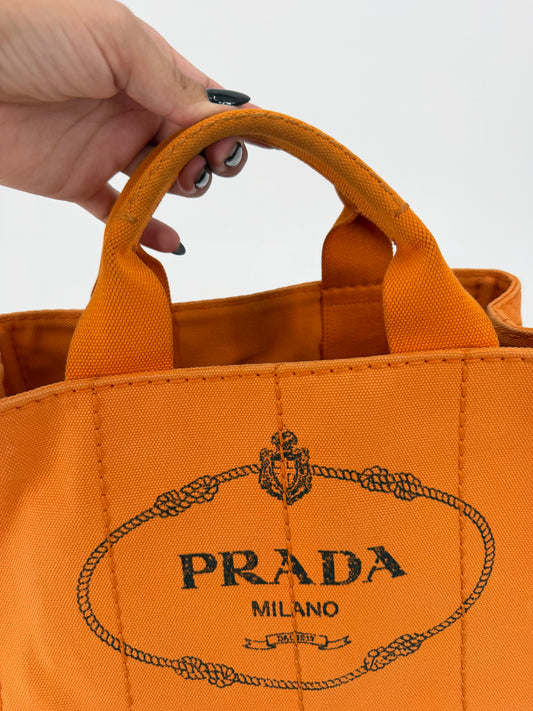 Prada Milano Canapa Mini Canvas Tote Bag Orange