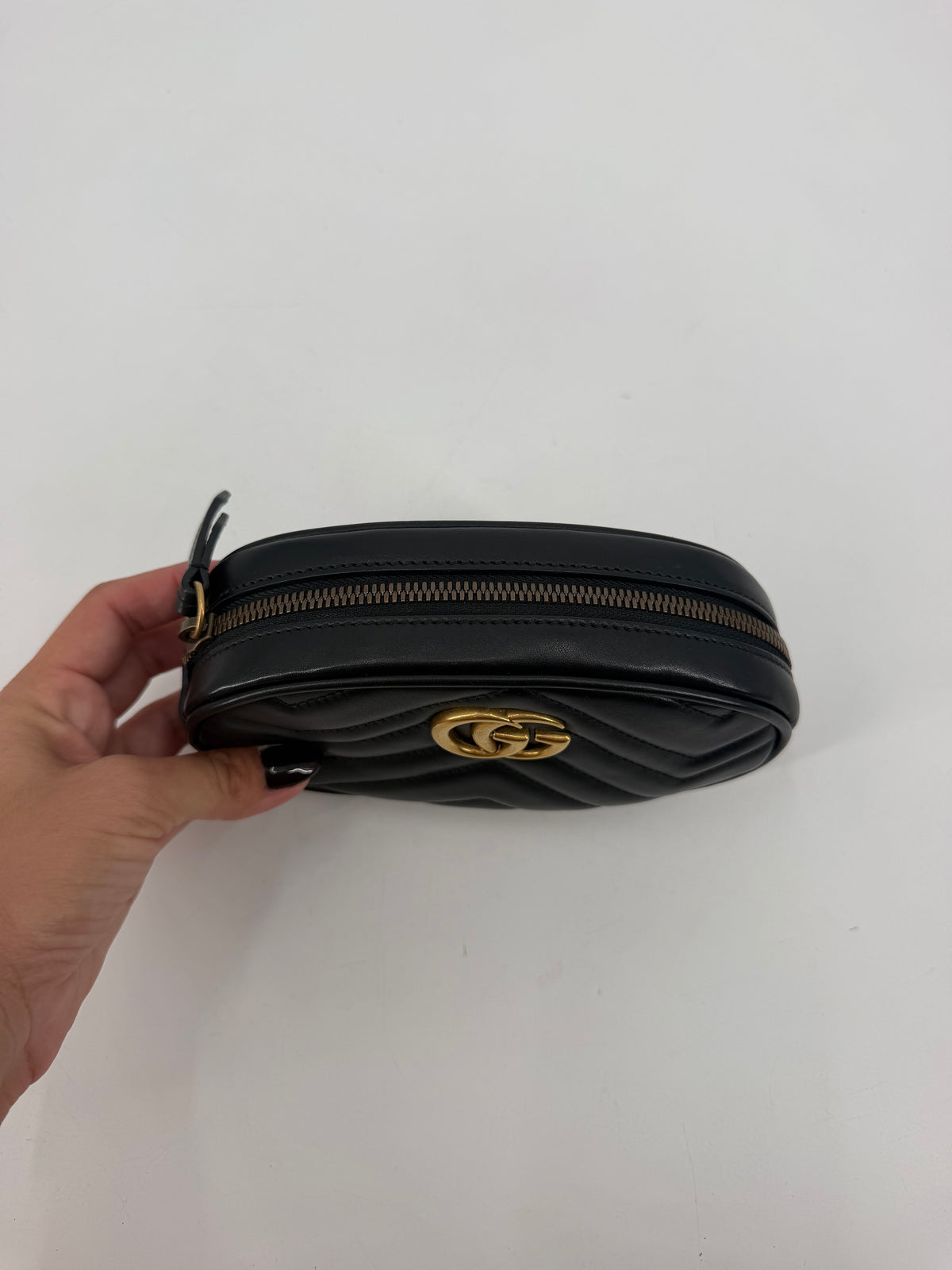 Gucci GG Marmont Matelasse Black Leather Belt Bag Gold GG