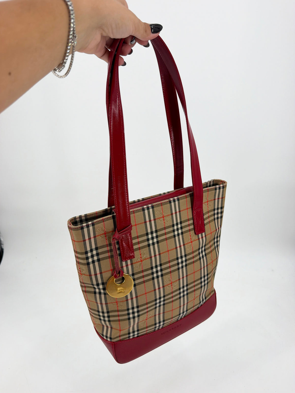 Burberry Nova Check Canvas Red Leather Tote Bag