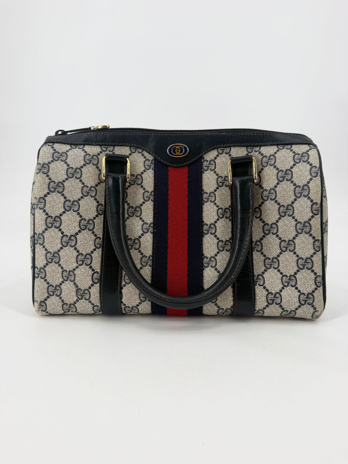 Gucci Vintage GG Supreme Web Stripe Boston Bag Navy Blue Red