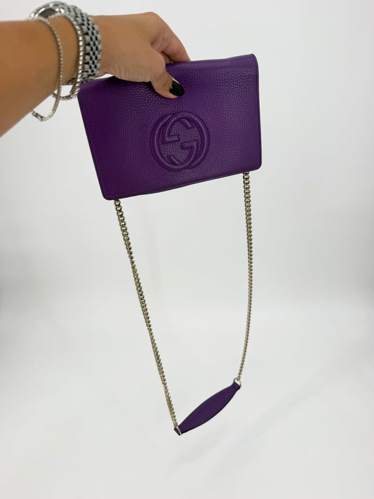 Gucci Soho Purple Pebbled Leather Long Flap Wallet