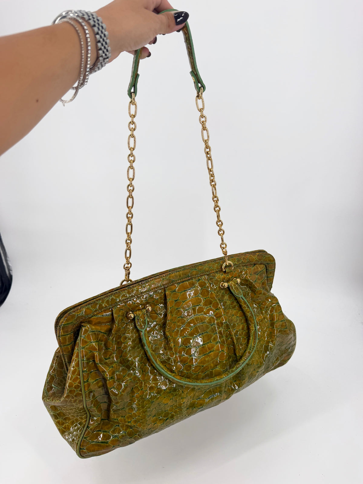 MCM Patent Croc Embossed Leather Top Handle Satchel Olive Green Gold Chain