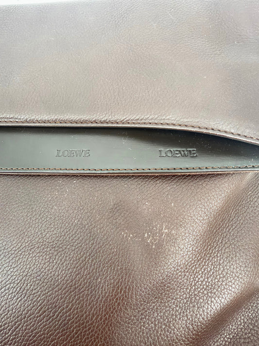 Loewe Vintage Dark Brown Leather Fold-Over Shoulder Bag Gold Plaque