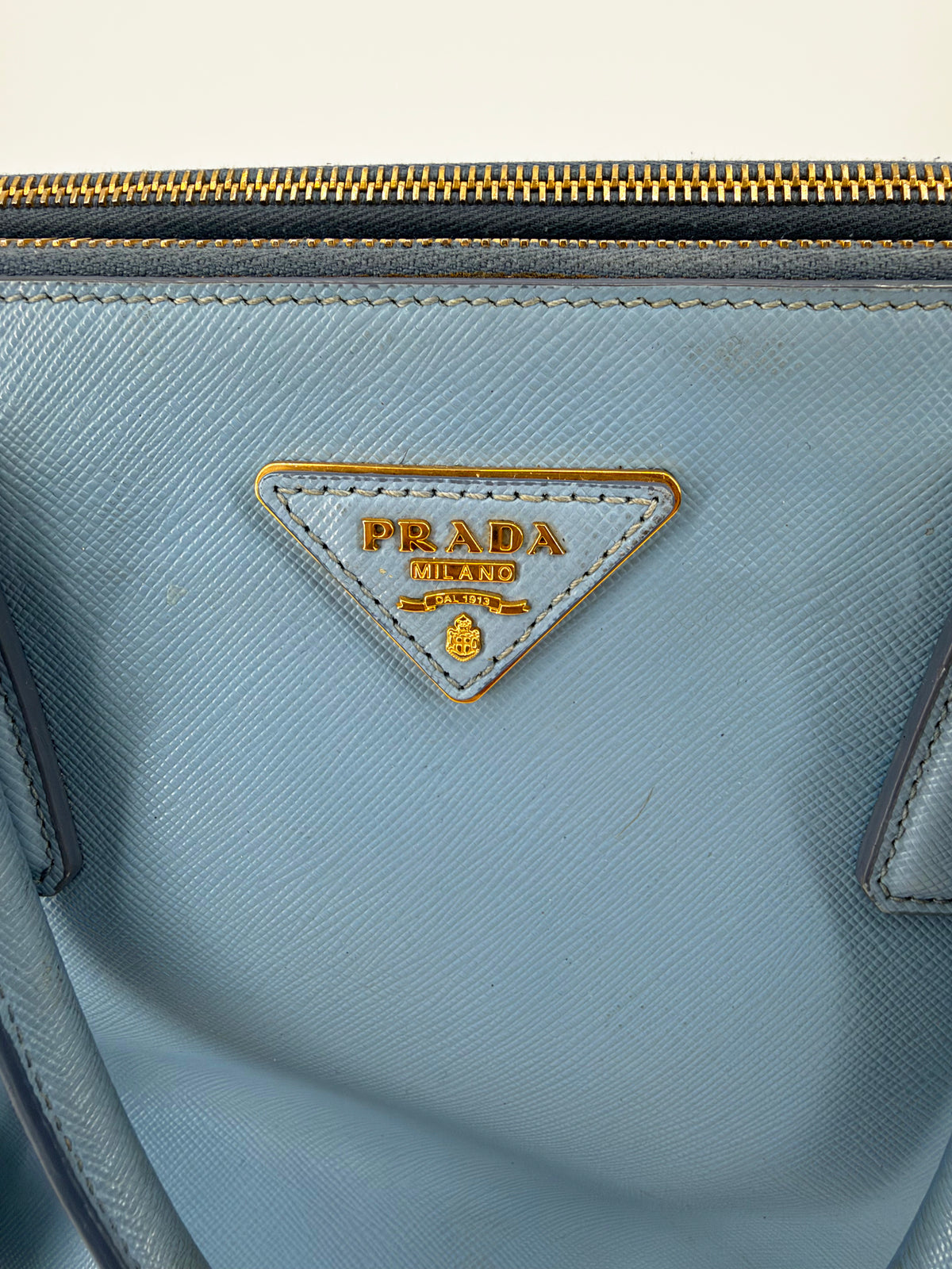 Prada Galleria Saffiano Lux Medium Double Zip Tote Periwinkle Blue Gold Hardware