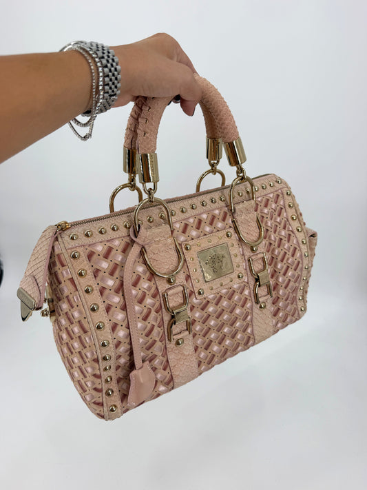Versace Pink Woven Leather Studded Boston Satchel Python-Effect Trim Gold Logo Plaque
