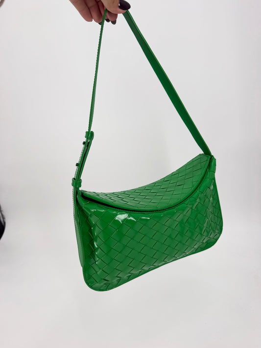 Bottega Veneta Intrecciato Green Patent Woven Shoulder Bag