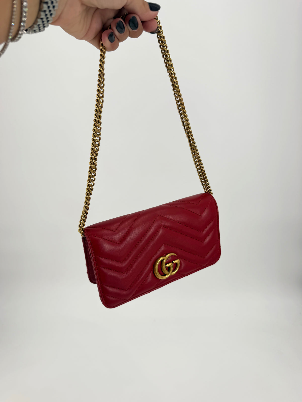 Gucci GG Marmont Matelasse Red Leather Chain Wallet Gold GG