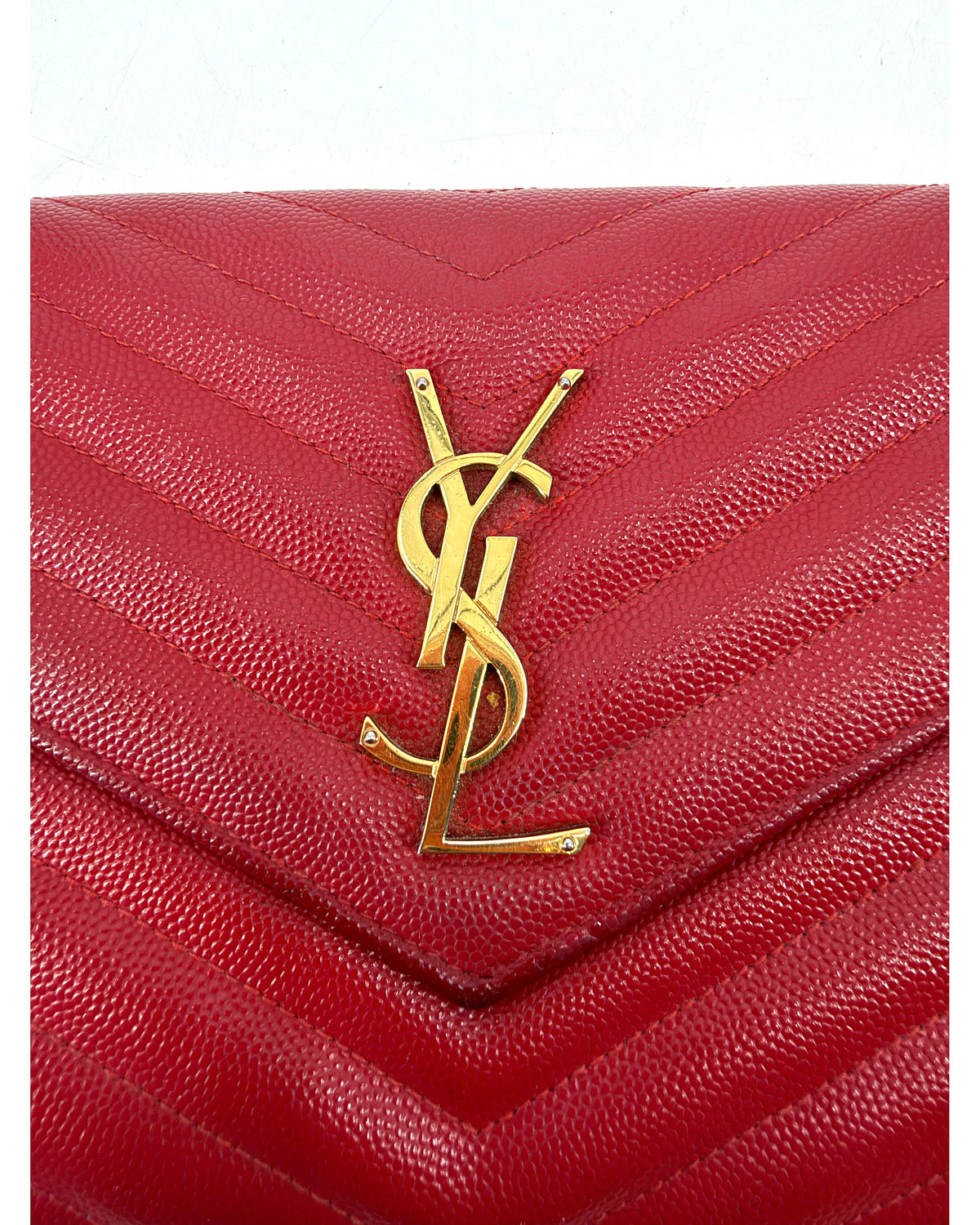 Saint Laurent YSL Matelasse Chevron Red Leather Chain Wallet
