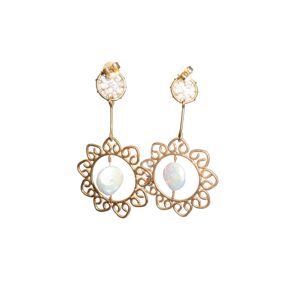 24K Gold Filled Pearl Flower Drop Earrings Handmade Lightweight