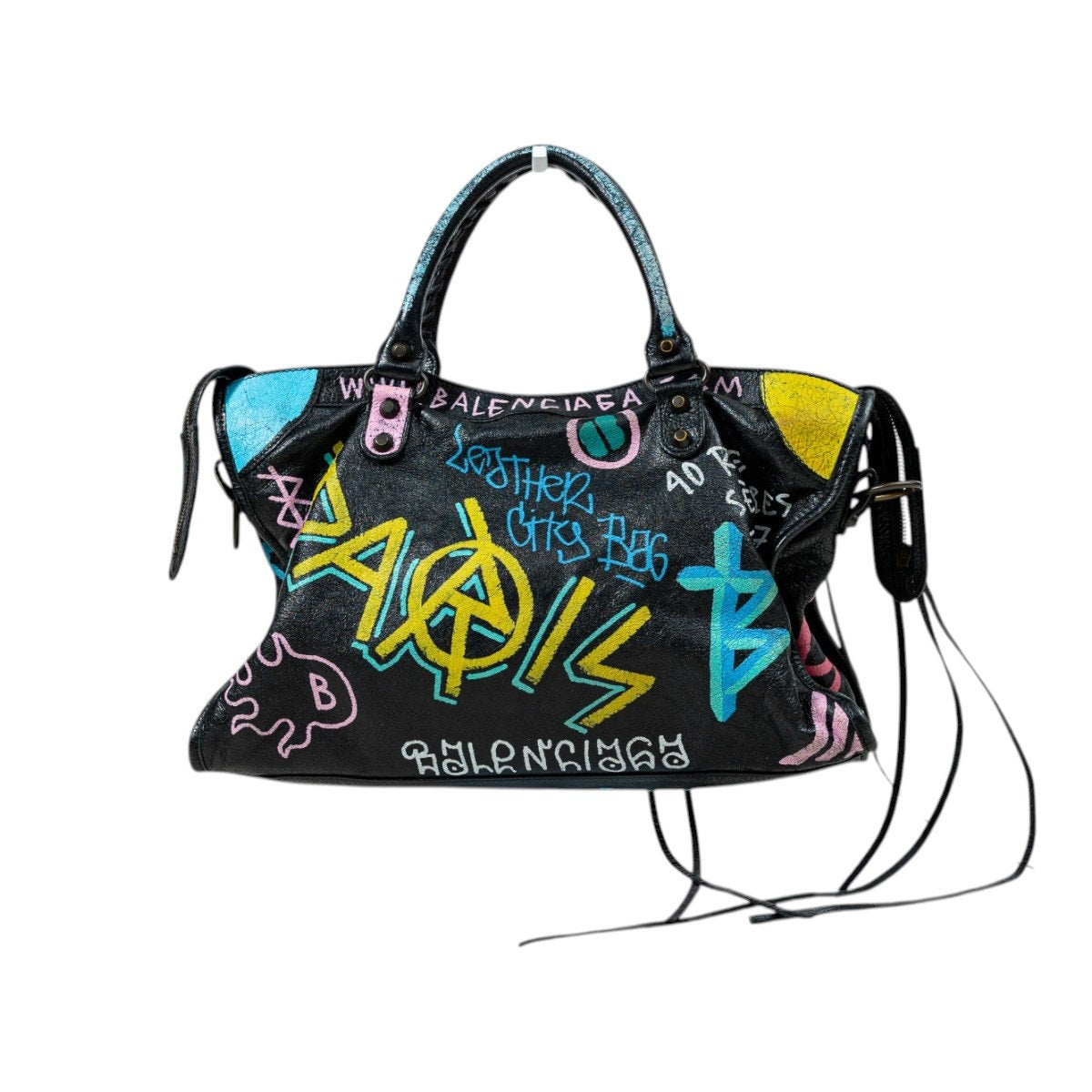Balenciaga Leather Classic Graffiti All Over Accent City Large Bag Black