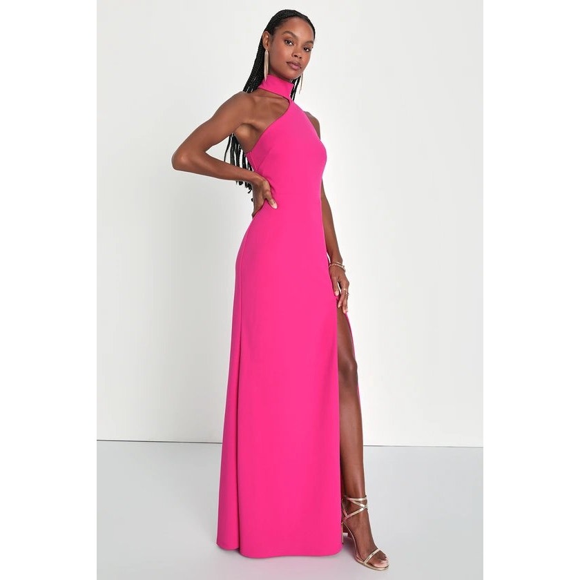 Lulus Keep It Interesting Asymmetrical Cutout Halter Maxi Dress Hot Pink