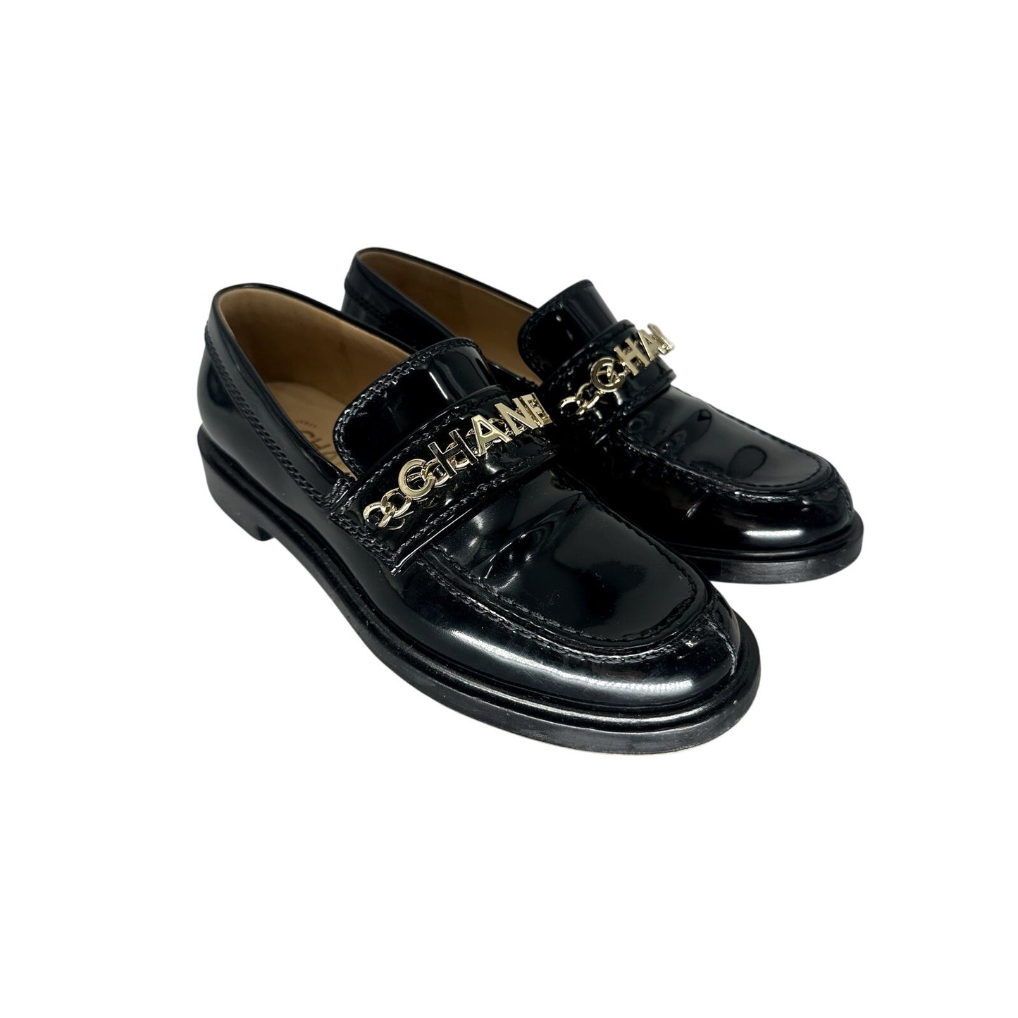 Chanel Patent Leather Logo Chain Flat Loafers