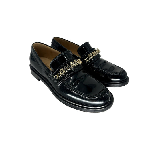 Chanel Patent Leather Logo Chain Flat Loafers