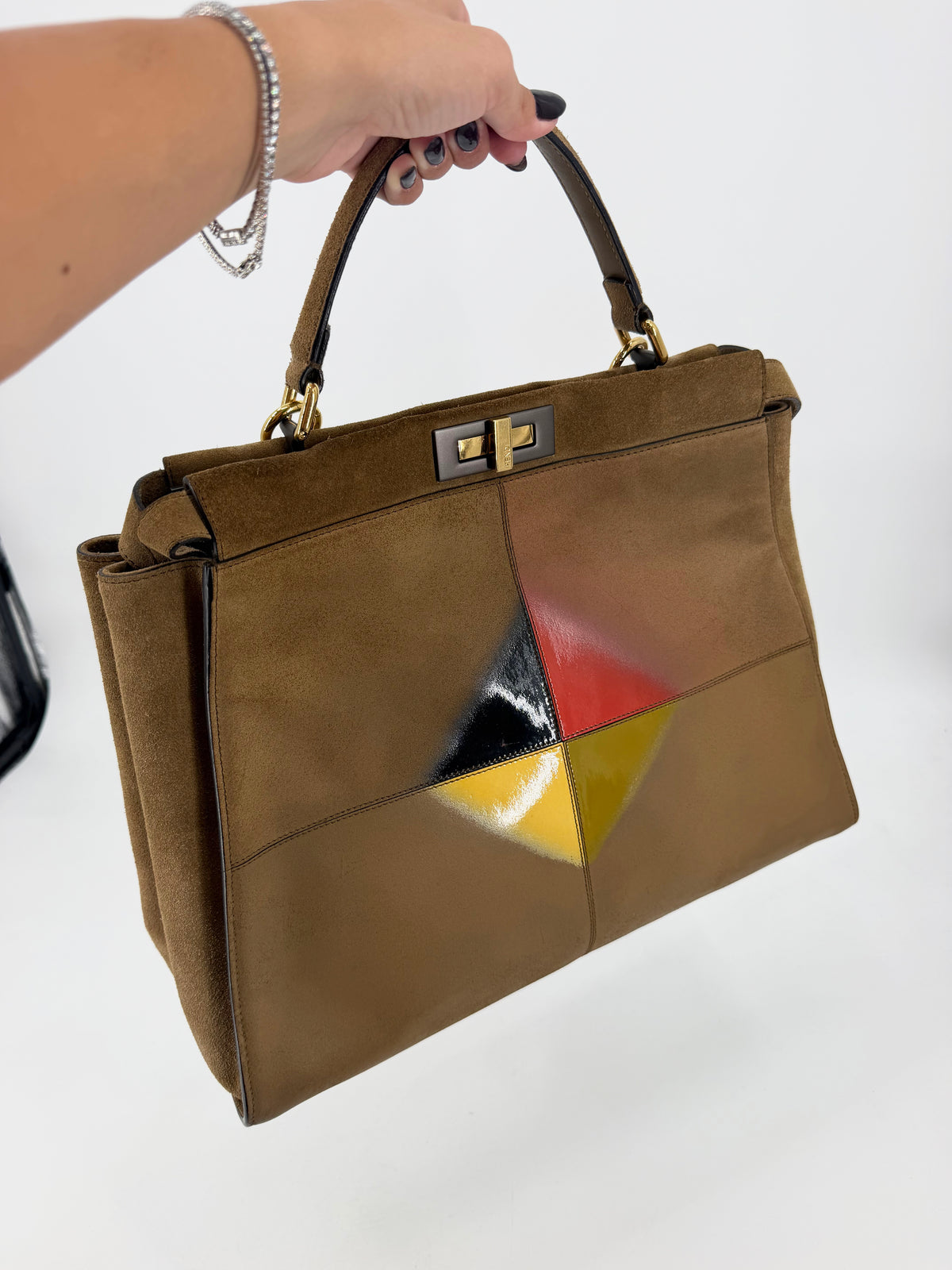 Fendi Peekaboo Large Suede Tan Geometric Color Block Silk Twill