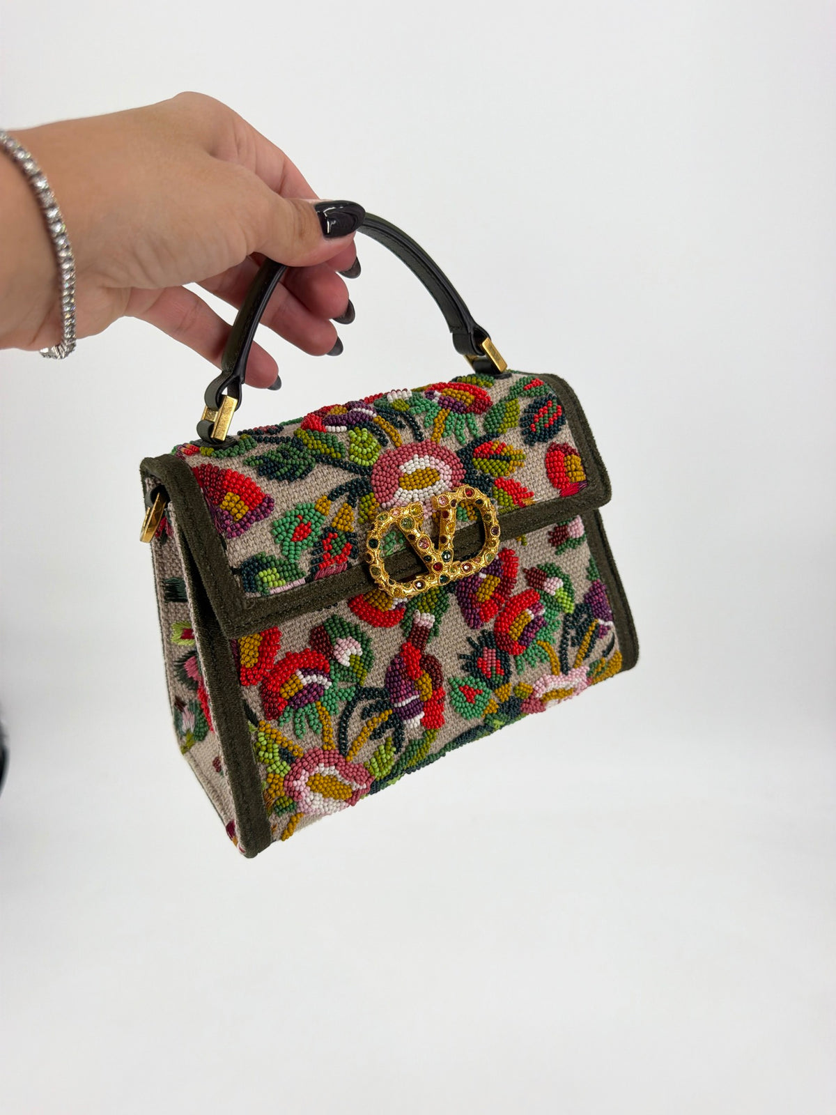 Valentino Garavani Mini VSling Floral Beaded Top Handle Bag Olive VLogo Jewel NEW