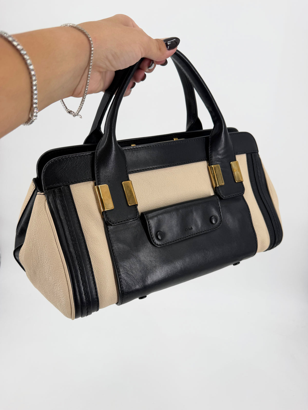 Chloe Alice Satchel Black Off-White Pebbled Leather Gold