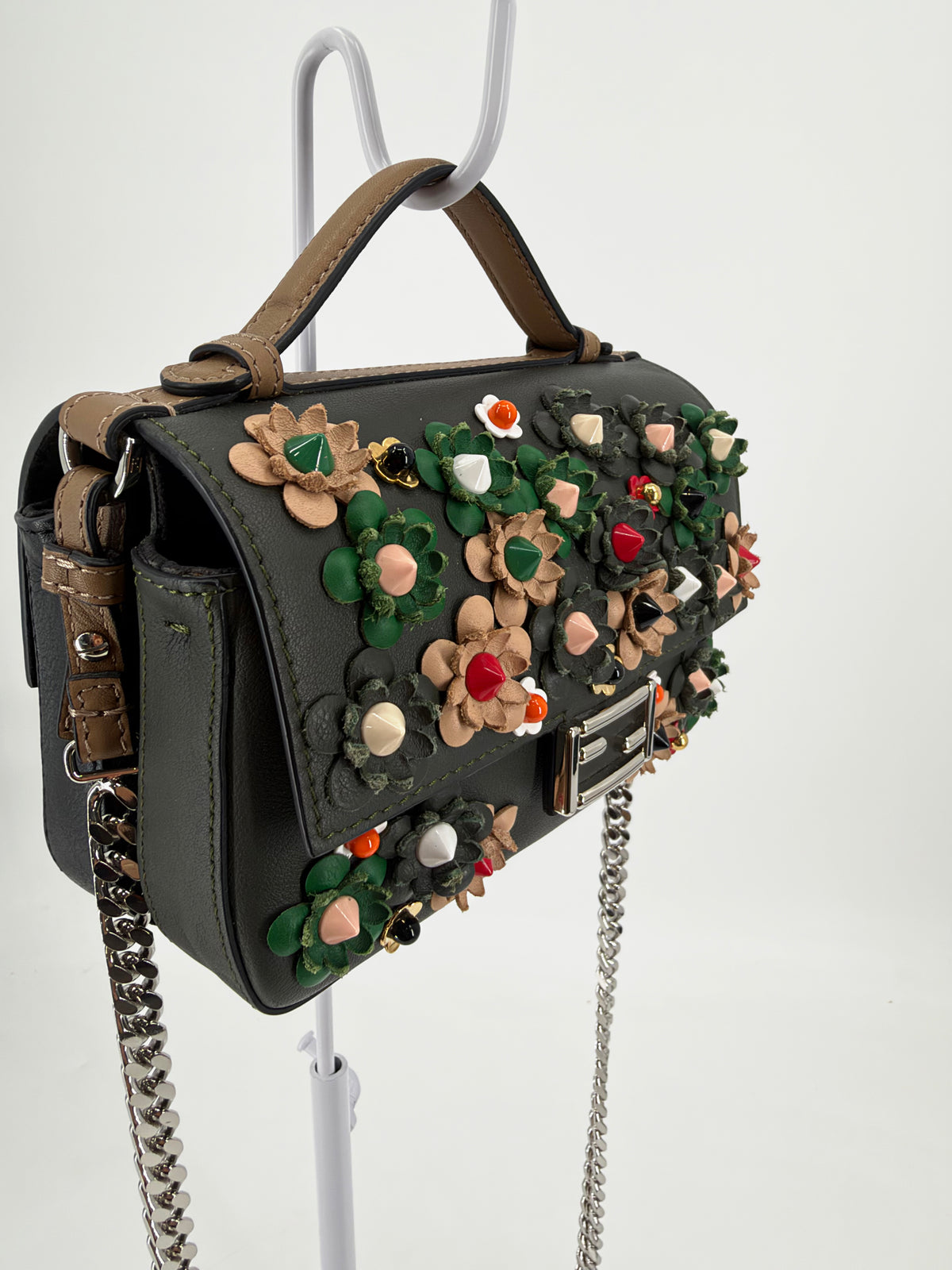 Fendi Baguette Flowerland Embellished Floral Studded Bag Black