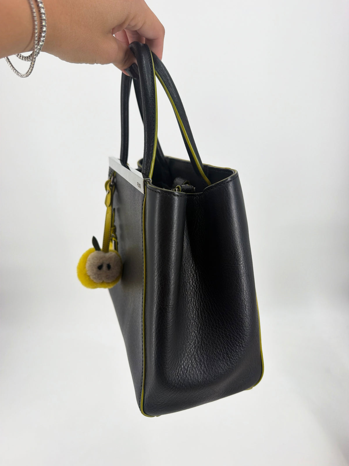 Fendi 2Jours Petite Black Leather Tote Yellow Edge Pom Charm