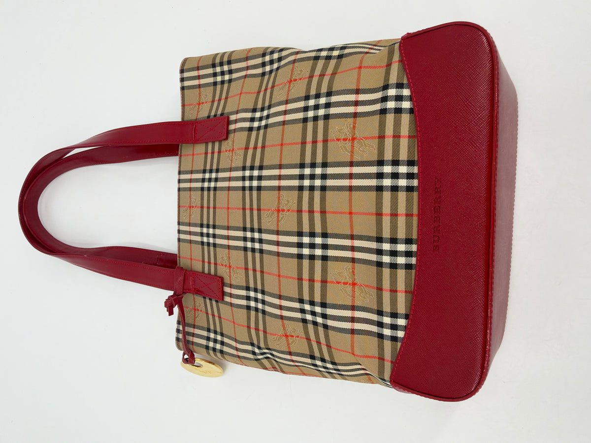 Burberry Nova Check Canvas Red Leather Tote Bag