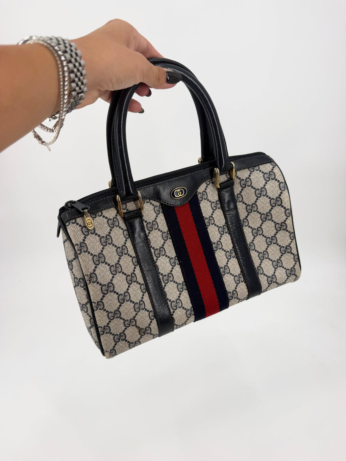 Gucci Vintage GG Supreme Web Stripe Boston Bag Navy Blue Red