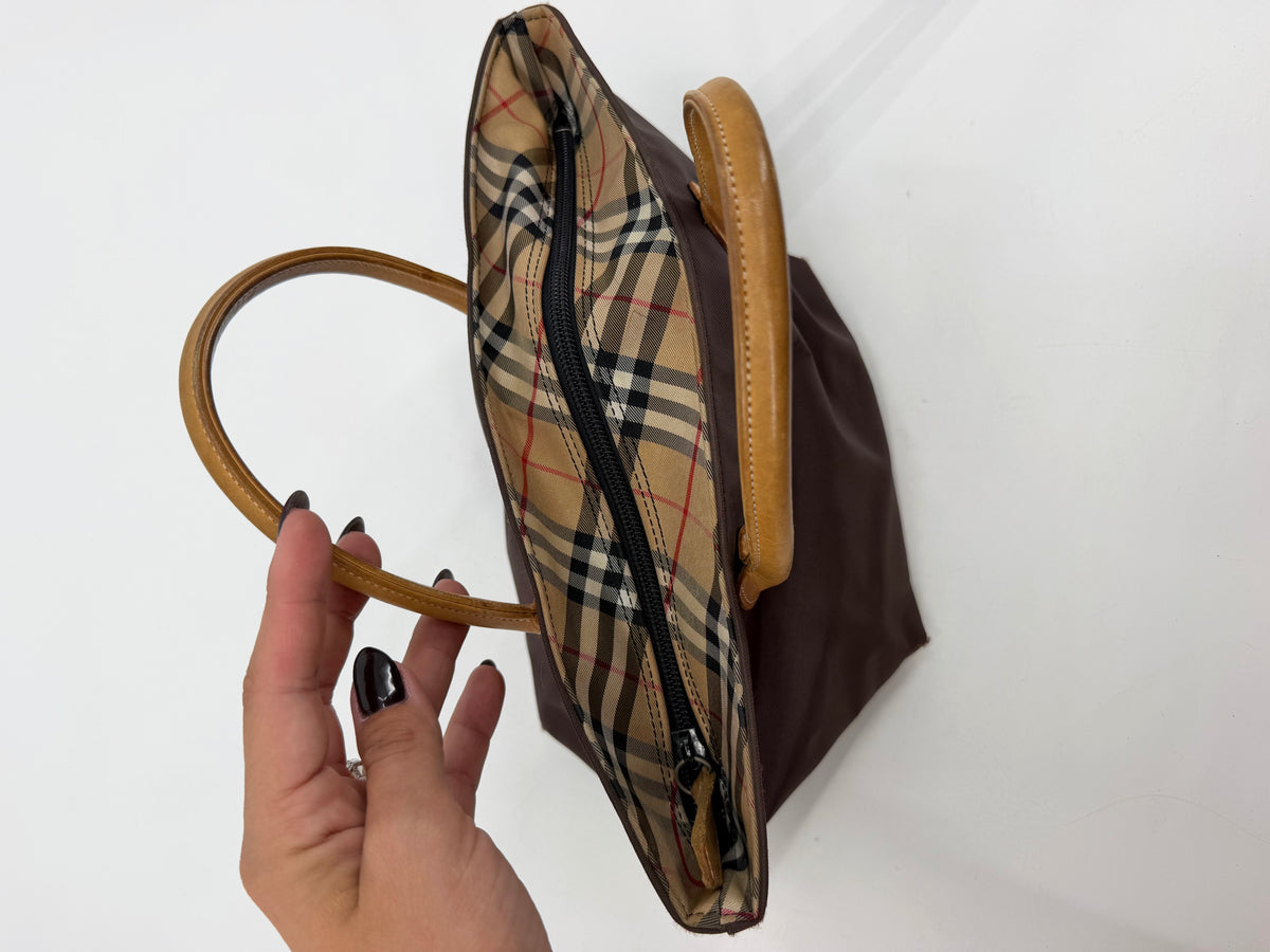Burberry Blue Label Mini Nylon Tote Brown Tan Leather Handles