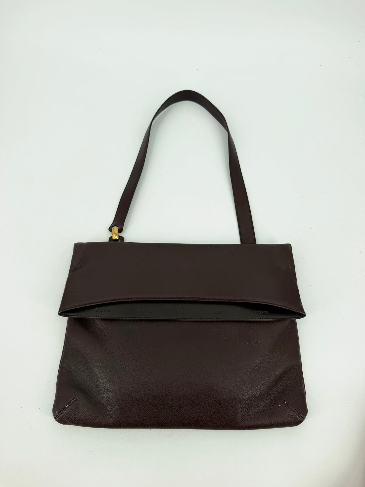 Loewe Vintage Dark Brown Leather Fold-Over Shoulder Bag Gold Plaque