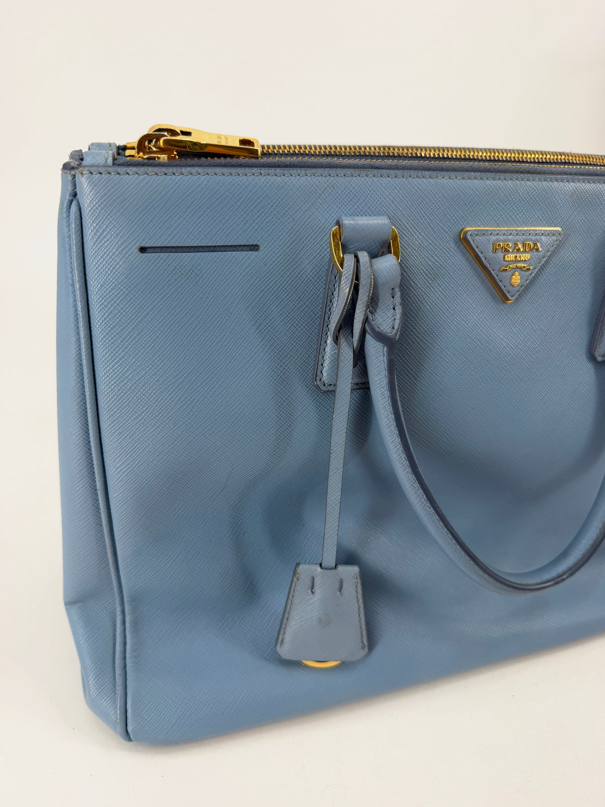 Prada Galleria Saffiano Lux Medium Double Zip Tote Periwinkle Blue Gold Hardware