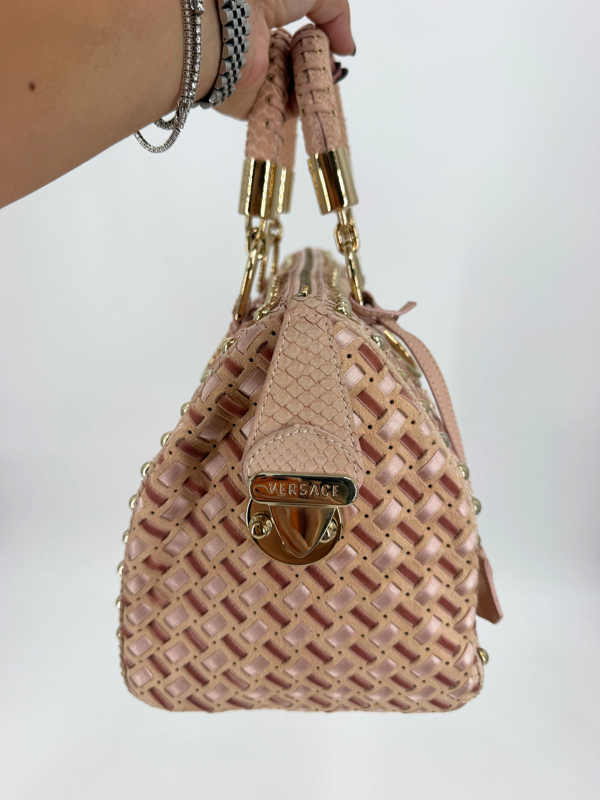 Versace Pink Woven Leather Studded Boston Satchel Python-Effect Trim Gold Logo Plaque