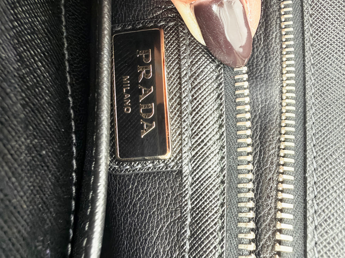 Prada Saffiano Bicolor Navy and Black Flap Clutch Silver Push Lock