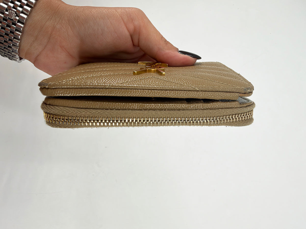 Saint Laurent YSL Monogram Grain de Poudre Compact Wallet Tan Gold Hardware