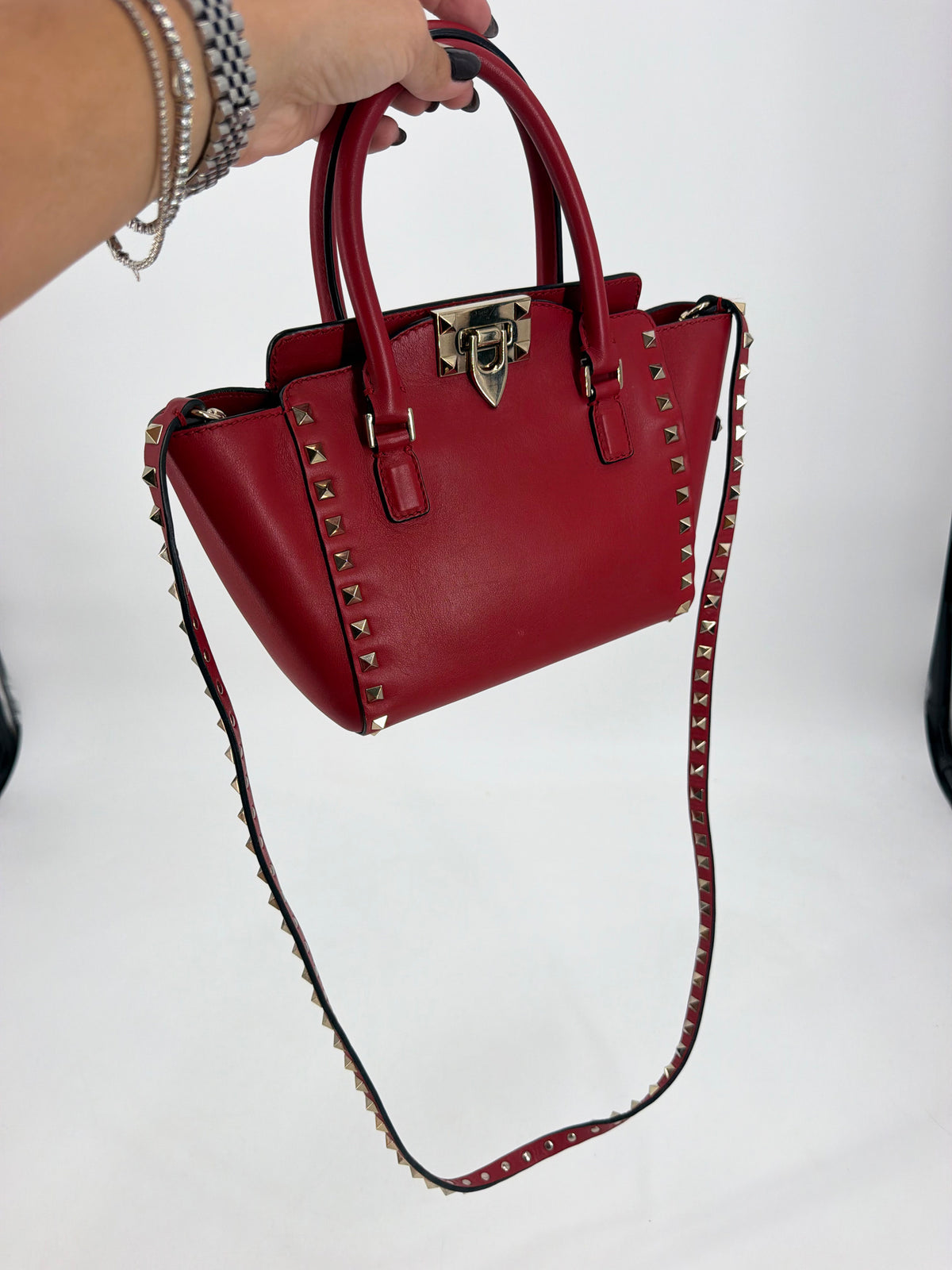 Valentino Garavani Rockstud Red Leather Double Handle Tote