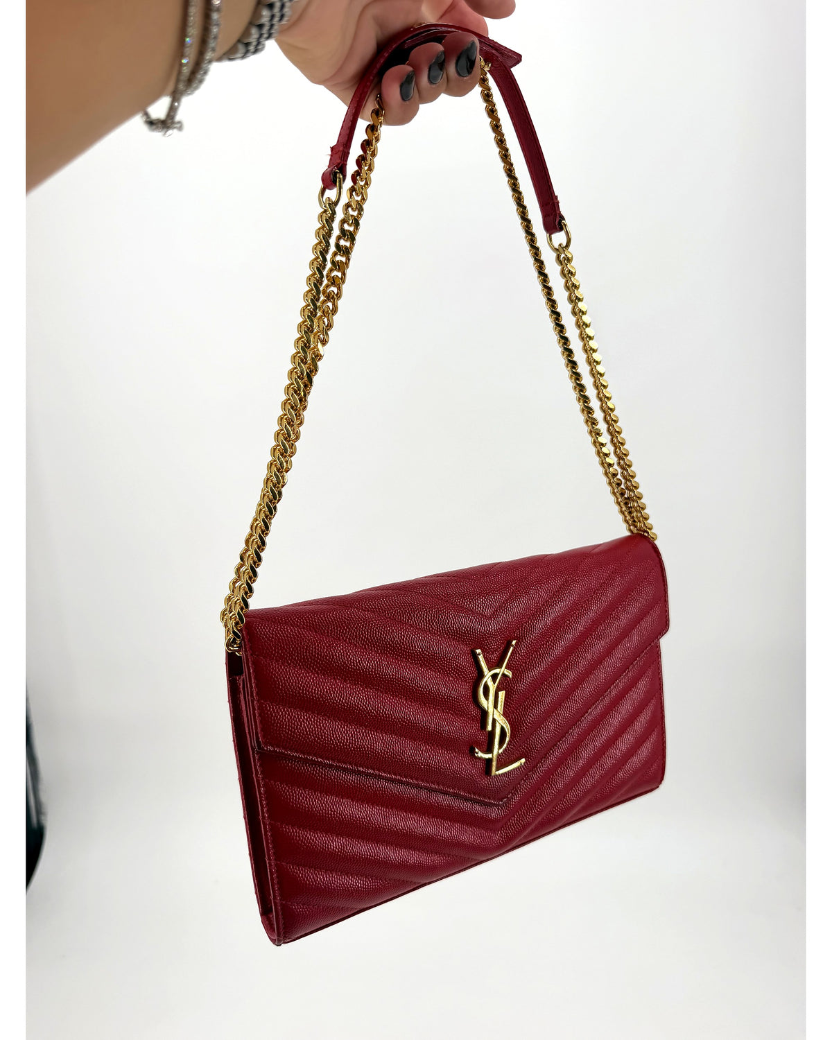 Saint Laurent YSL Matelasse Chevron Red Leather Chain Wallet