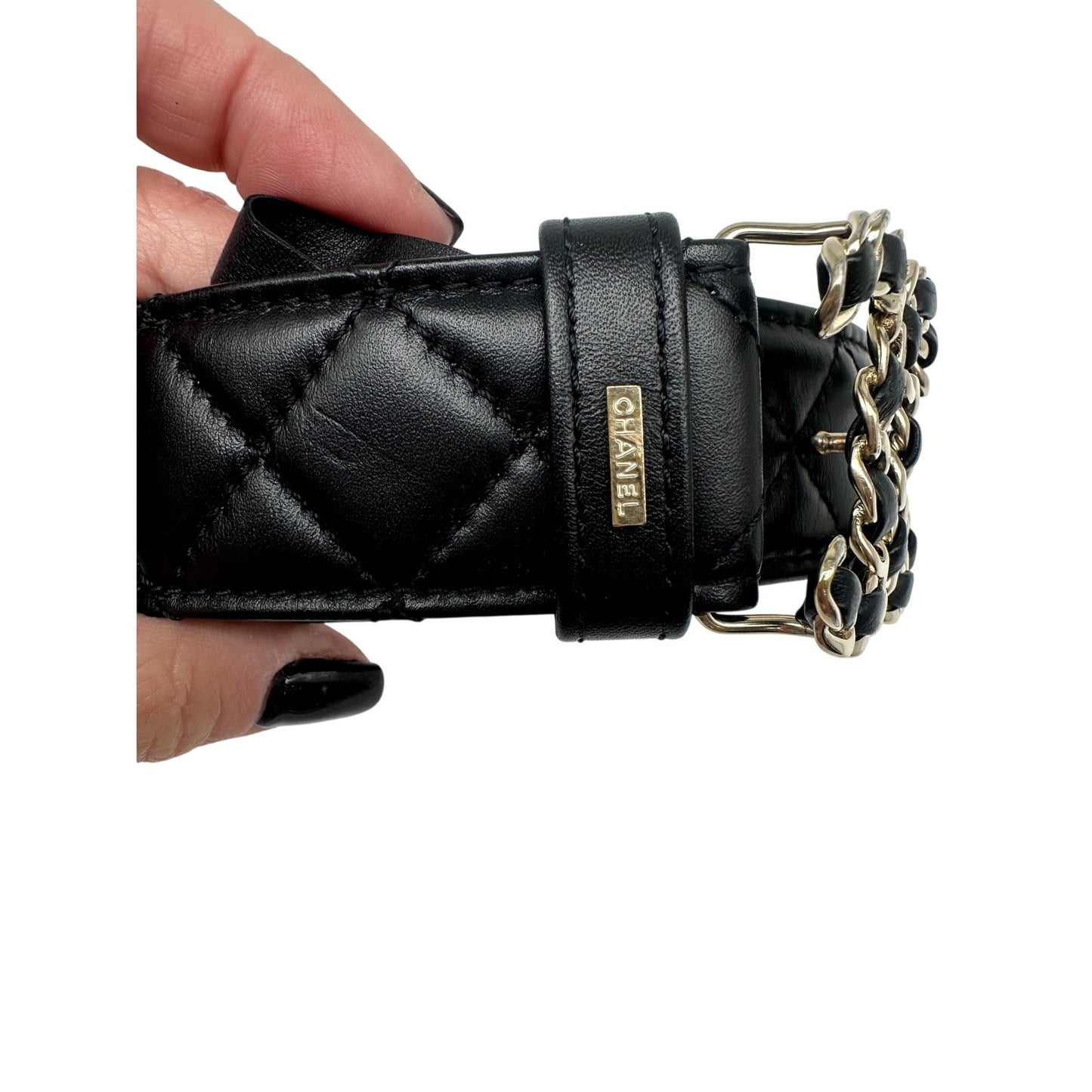 Chanel Leather Quilted CC Chain Buckle Belt Black