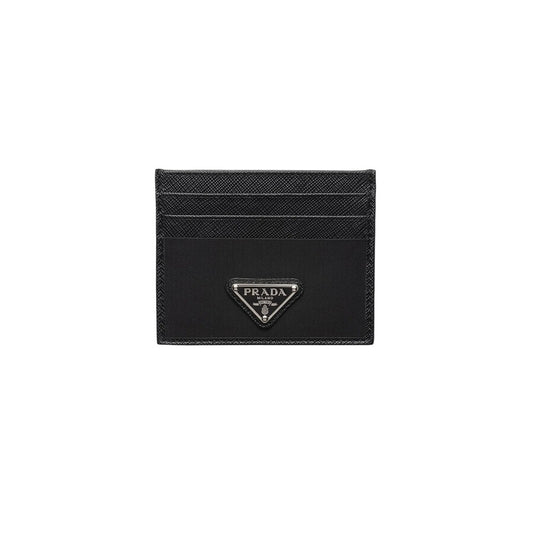 Prada Saffiano Leather Triangle Logo Accent Top Zip Accent Cardholder Black