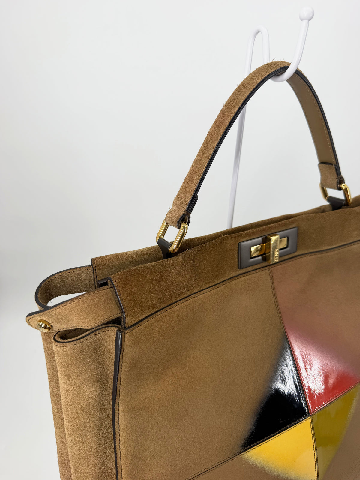Fendi Peekaboo Large Suede Tan Geometric Color Block Silk Twill