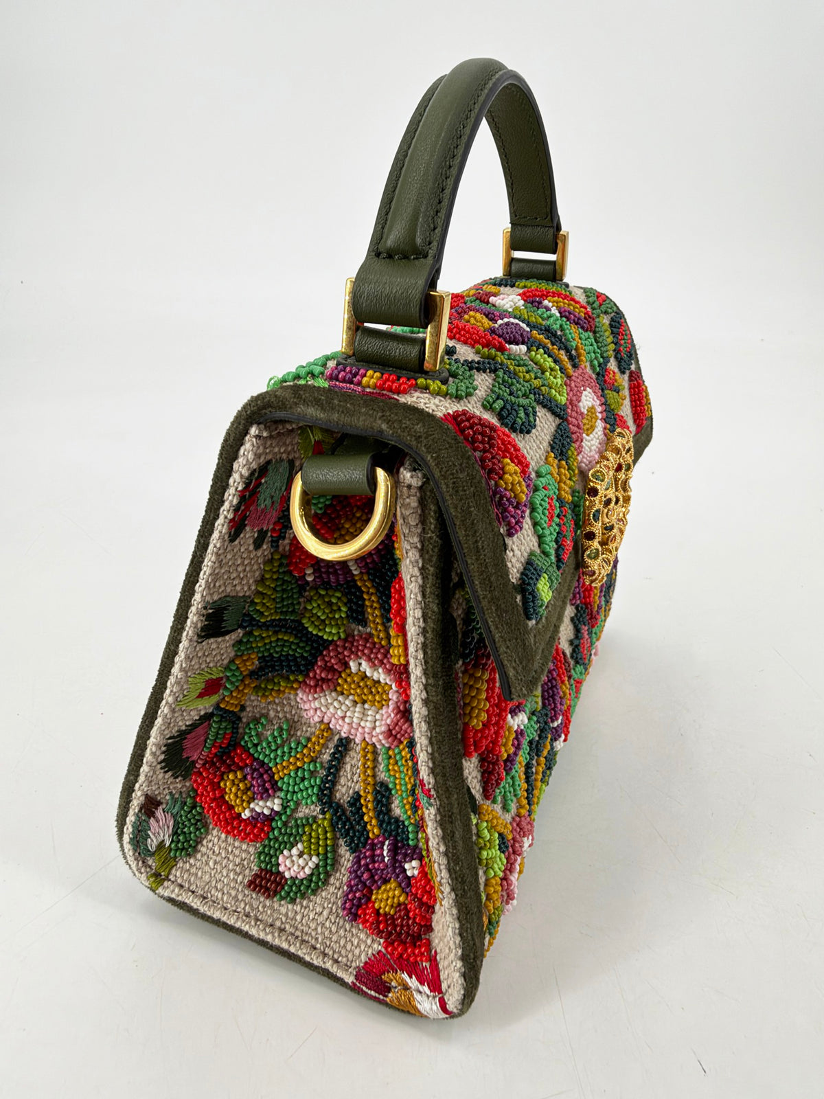 Valentino Garavani Mini VSling Floral Beaded Top Handle Bag Olive VLogo Jewel NEW