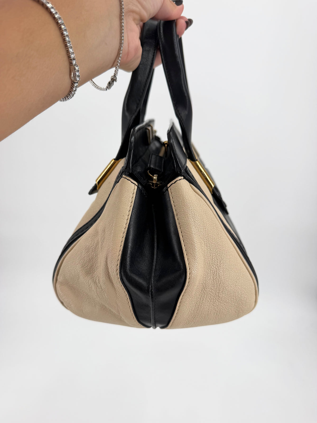 Chloe Alice Satchel Black Off-White Pebbled Leather Gold