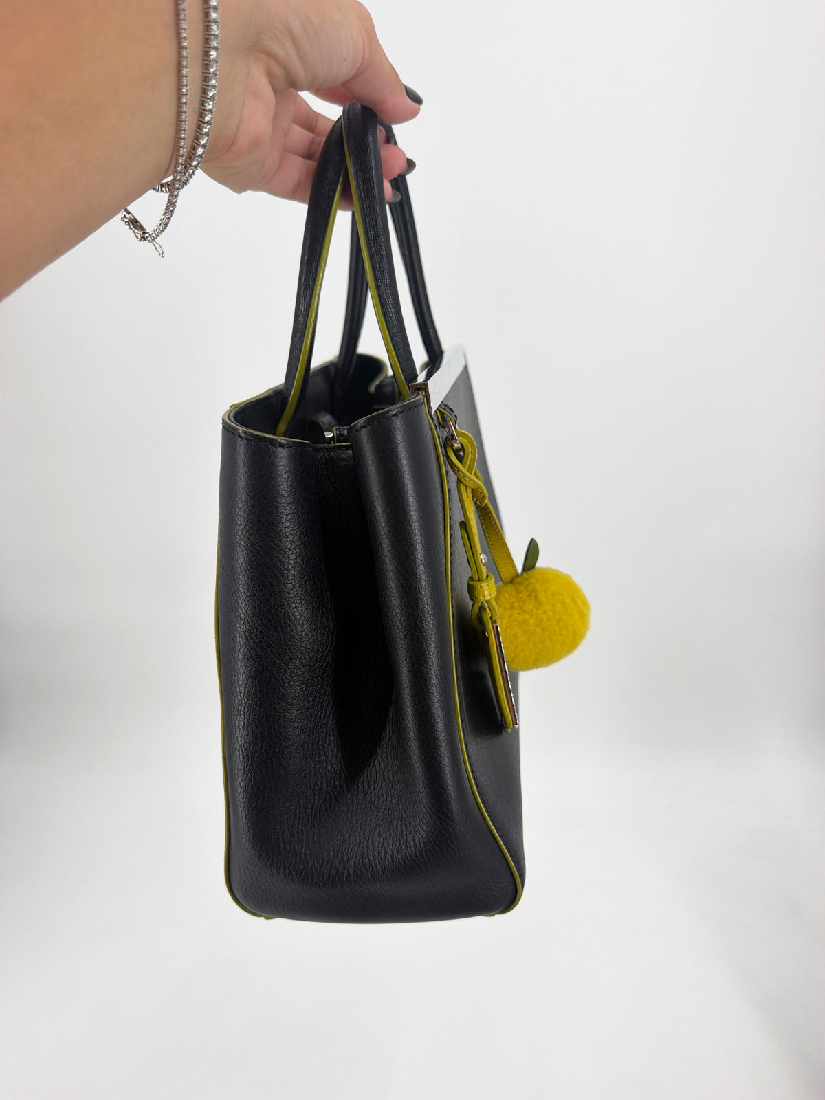 Fendi 2Jours Petite Black Leather Tote Yellow Edge Pom Charm