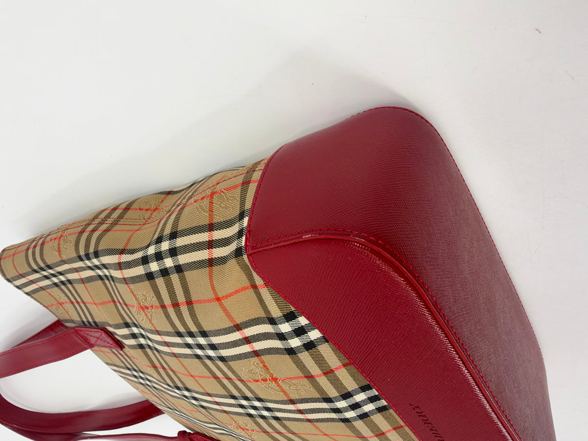 Burberry Nova Check Canvas Red Leather Tote Bag