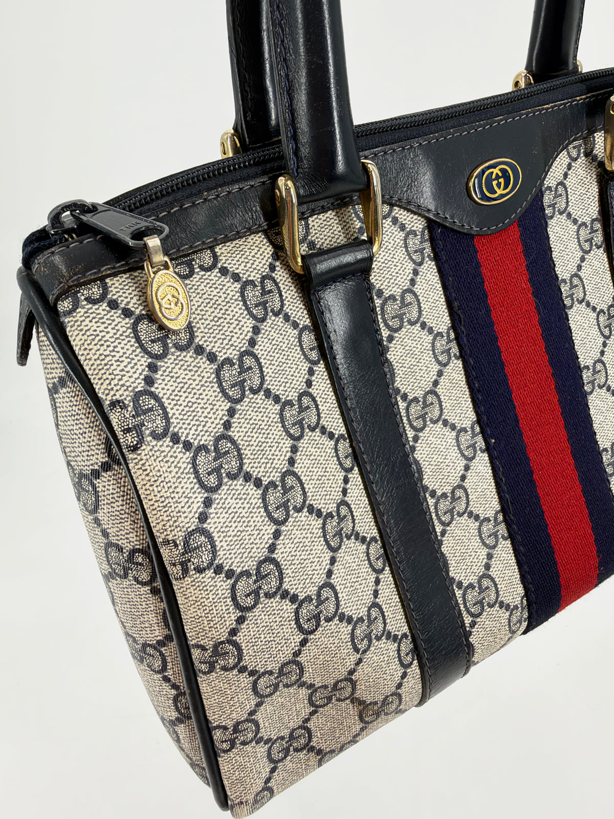 Gucci Vintage GG Supreme Web Stripe Boston Bag Navy Blue Red