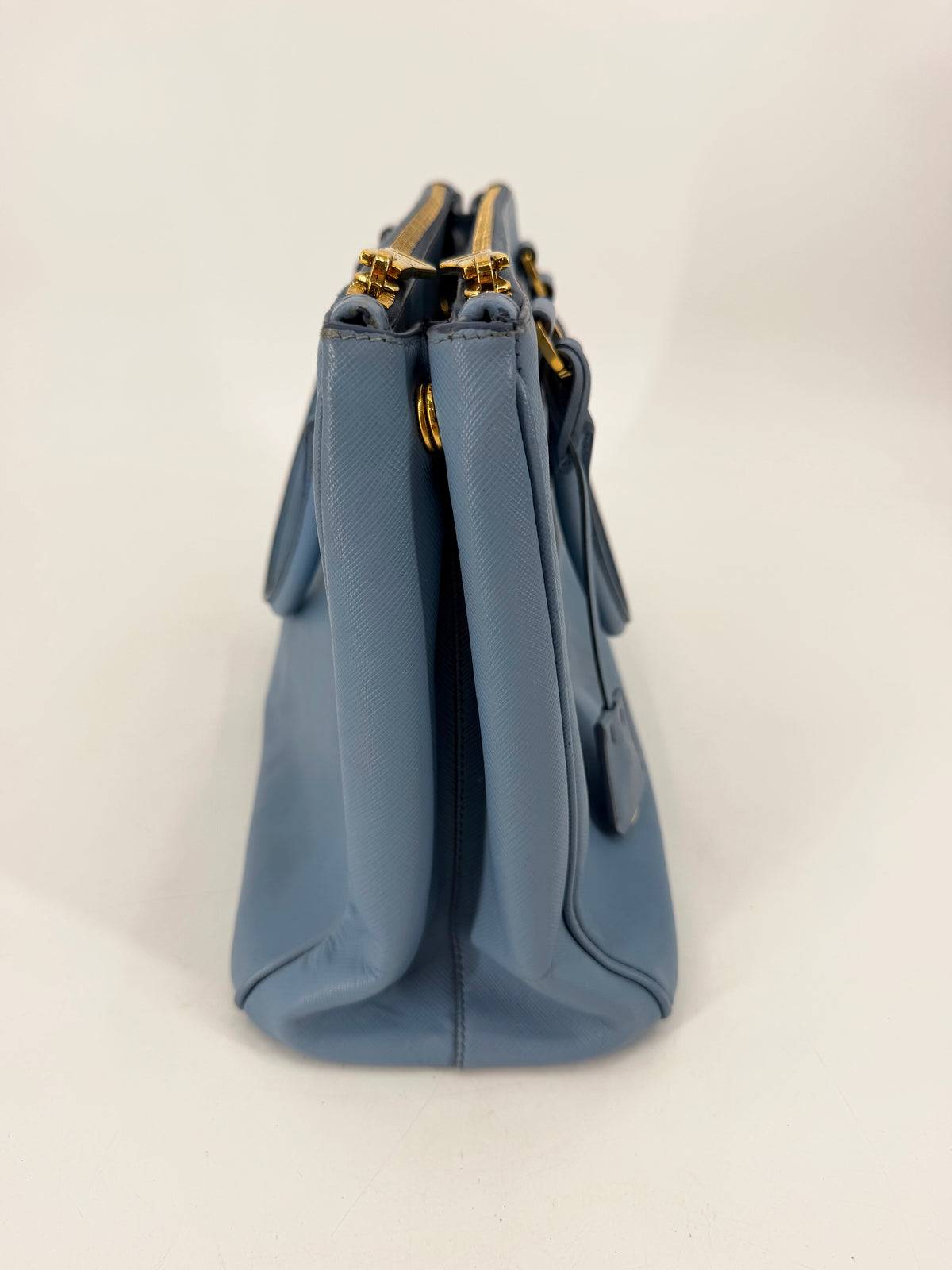 Prada Galleria Saffiano Lux Medium Double Zip Tote Periwinkle Blue Gold Hardware